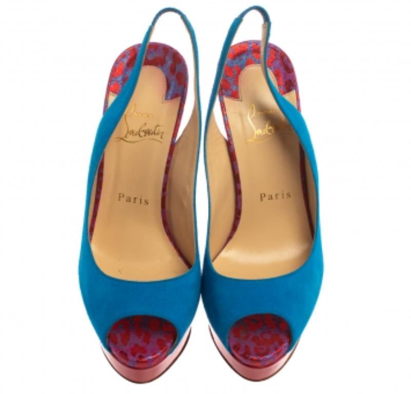 Gray Christian Louboutin Blue/Red Suede And Fabric Lady Peep Sling Pumps Size 37 For Sale
