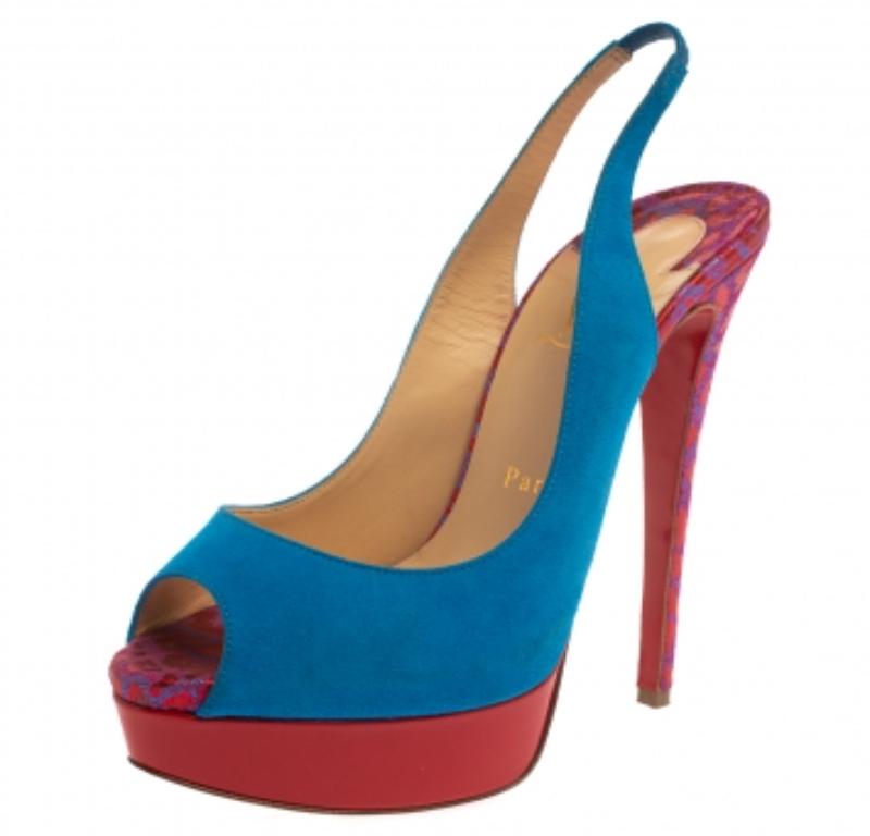 Christian Louboutin Blue/Red Suede And Fabric Lady Peep Sling Pumps Size 37 In Good Condition For Sale In Dubai, Al Qouz 2