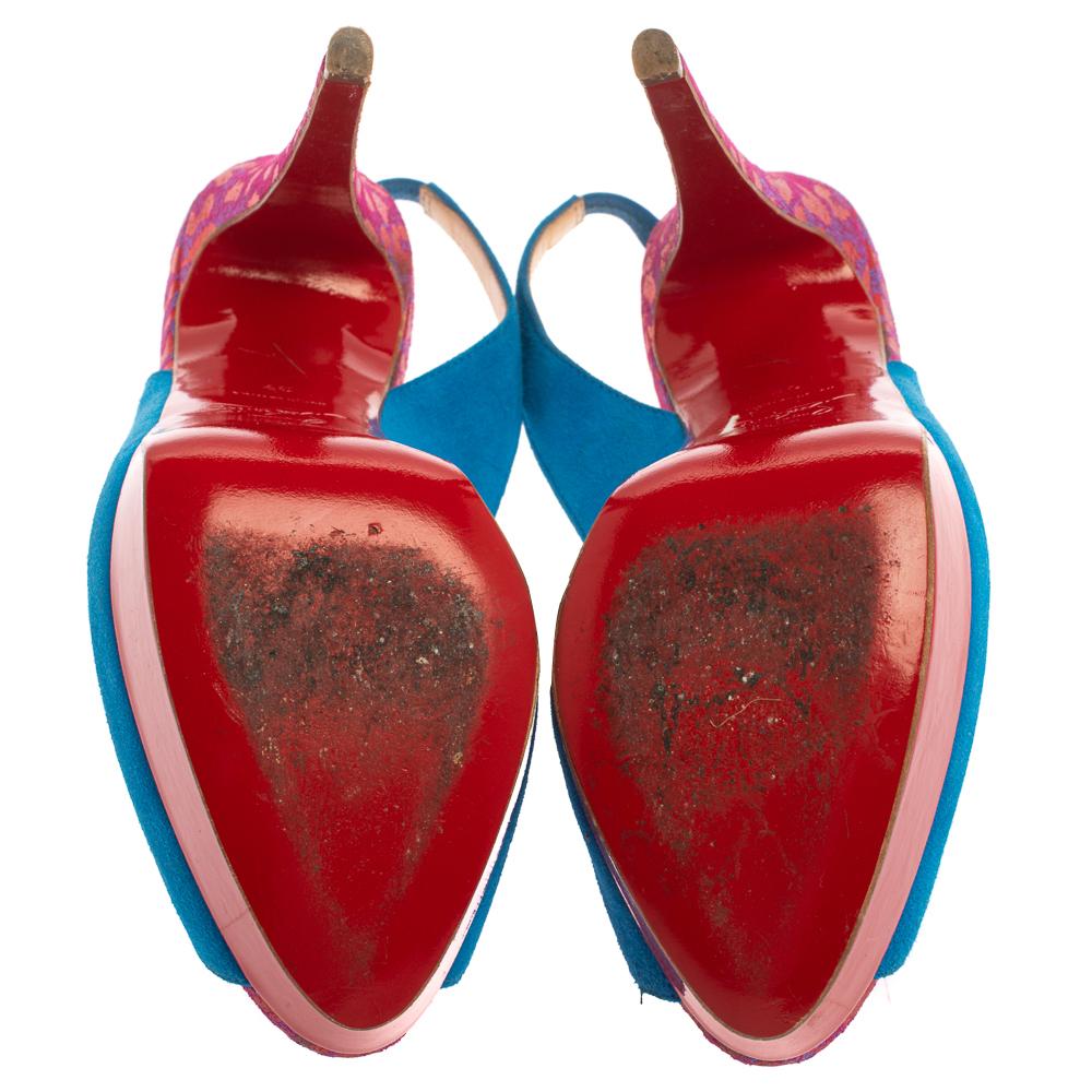 Christian Louboutin Pumps Lady Peep in camoscio e tessuto blu/rosso taglia 37 In condizioni buone a Dubai, Al Qouz 2