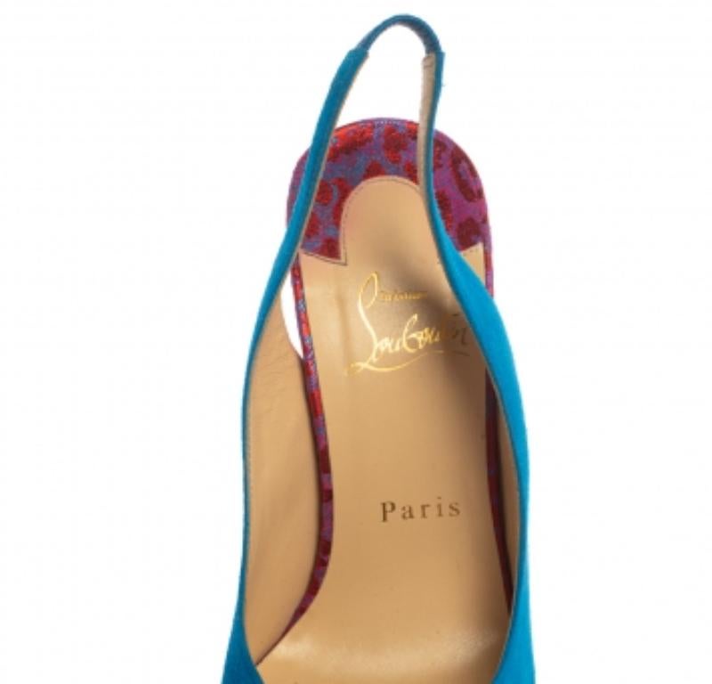 Women's Christian Louboutin Blue/Red Suede And Fabric Lady Peep Sling Pumps Size 37 For Sale