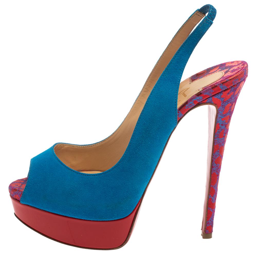 Donna Christian Louboutin Pumps Lady Peep in camoscio e tessuto blu/rosso taglia 37