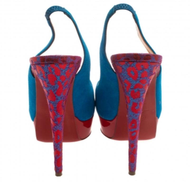 Christian Louboutin Blue/Red Suede And Fabric Lady Peep Sling Pumps Size 37 For Sale 1