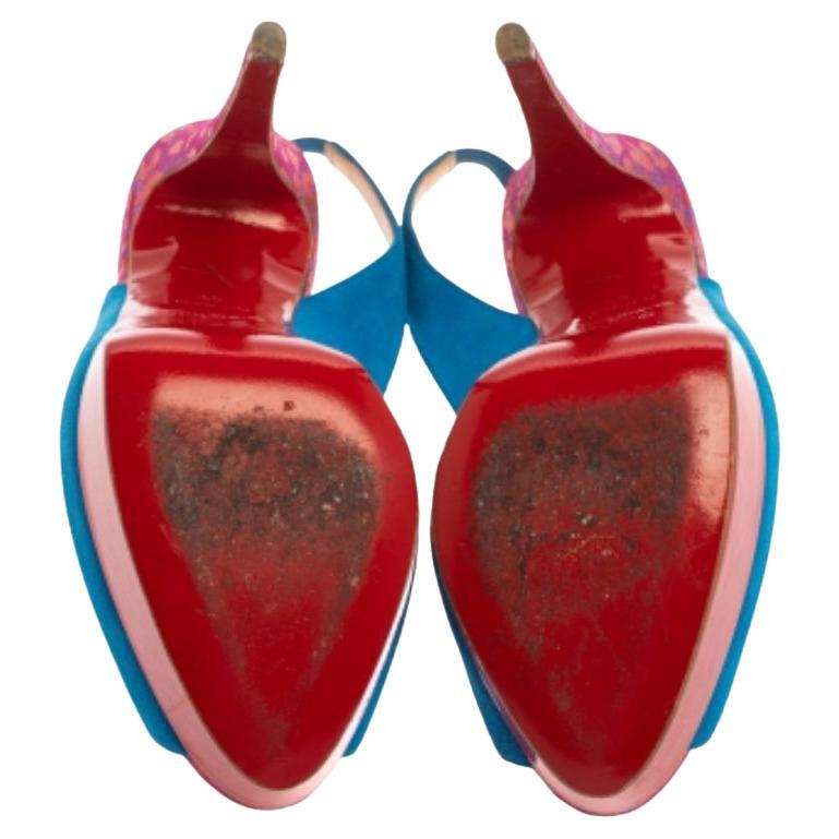Christian Louboutin Blue/Red Suede And Fabric Lady Peep Sling Pumps Size 37 For Sale 2
