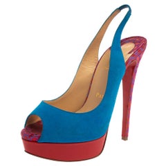 Christian Louboutin Blau/Rote Lady Peep Sling Pumps aus Wildleder und Stoff Größe 37