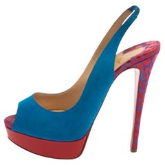 Christian Louboutin Blue/Red Suede And Fabric Lady Peep Sling Pumps Size 37