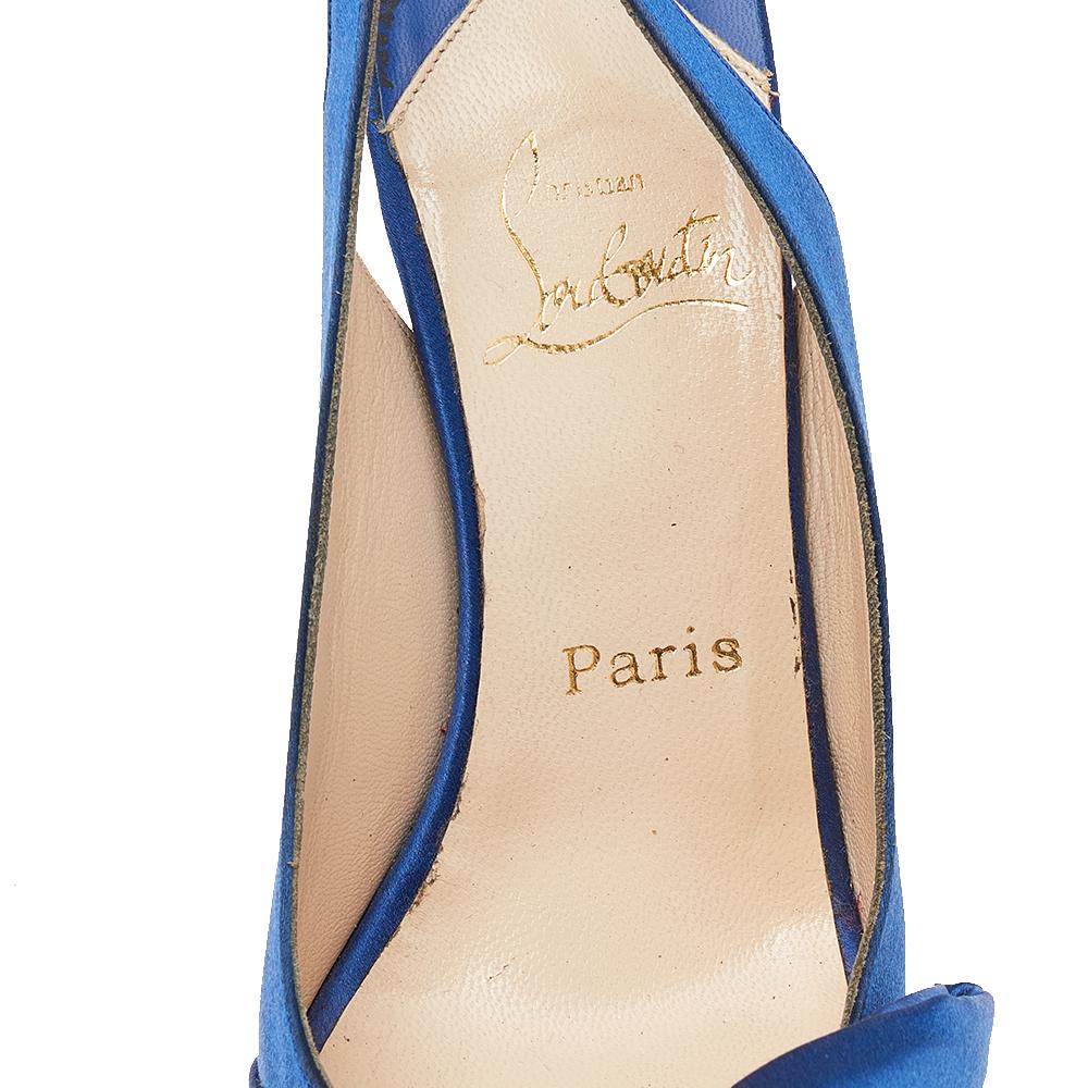 Christian Louboutin Blue Satin Bow Platform Slingback Sandals Size 37.5 In Good Condition For Sale In Dubai, Al Qouz 2