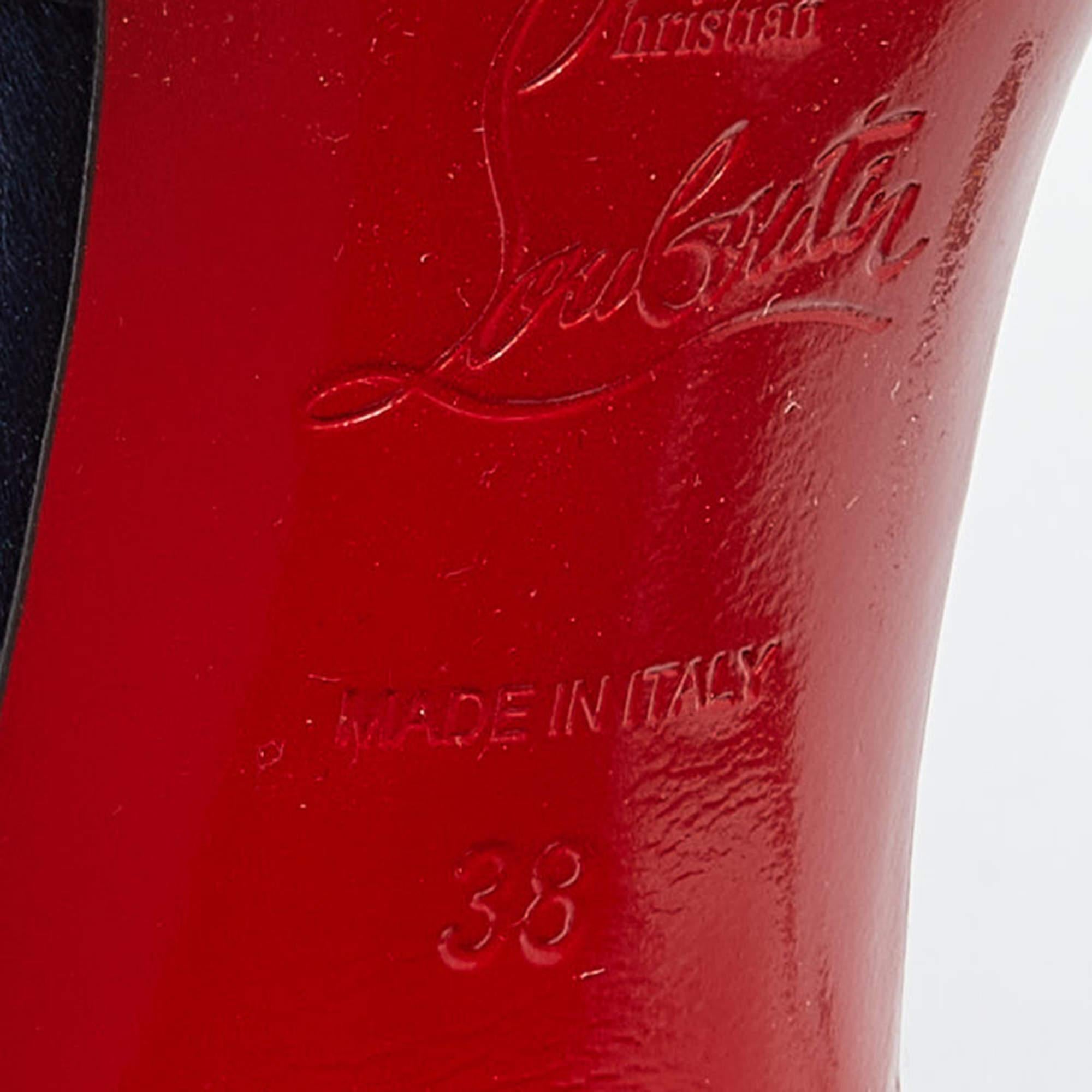 Christian Louboutin Blue Satin Bow T Dorcet Peep Toe Pumps Size 38 For Sale 4