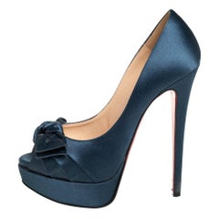 Christian Louboutin Blue Satin Madame Butterfly Peep Toe Platform Pumps Size 37