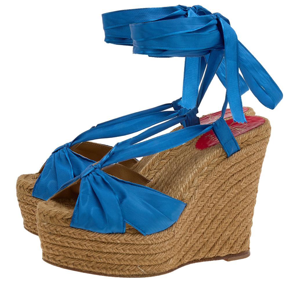 Gray Christian Louboutin Blue Silk Wedge Espadrille Ankle Wrap Sandals Size 40 For Sale