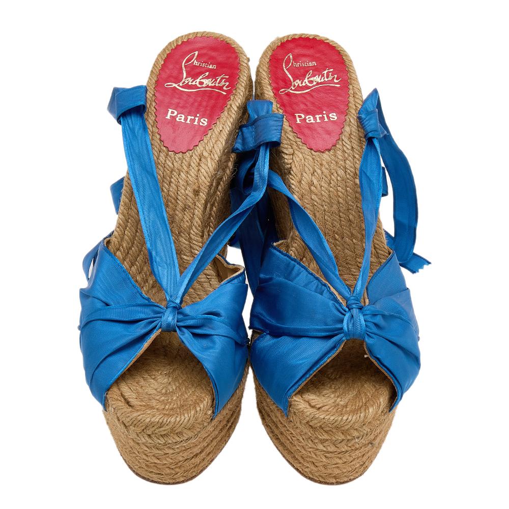 Women's Christian Louboutin Blue Silk Wedge Espadrille Ankle Wrap Sandals Size 40 For Sale