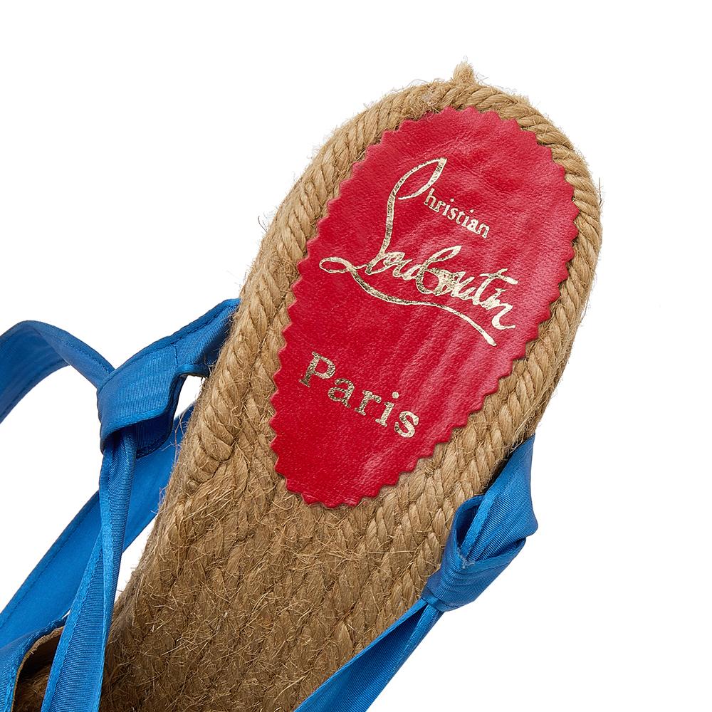 Women's Christian Louboutin Blue Silk Wedge Espadrille Ankle Wrap Sandals Size 40 For Sale