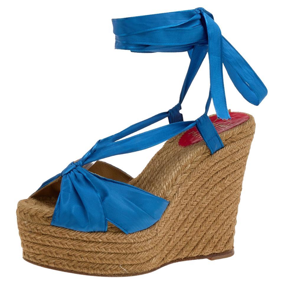 Christian Louboutin Blue Silk Wedge Espadrille Ankle Wrap Sandals Size 40 For Sale