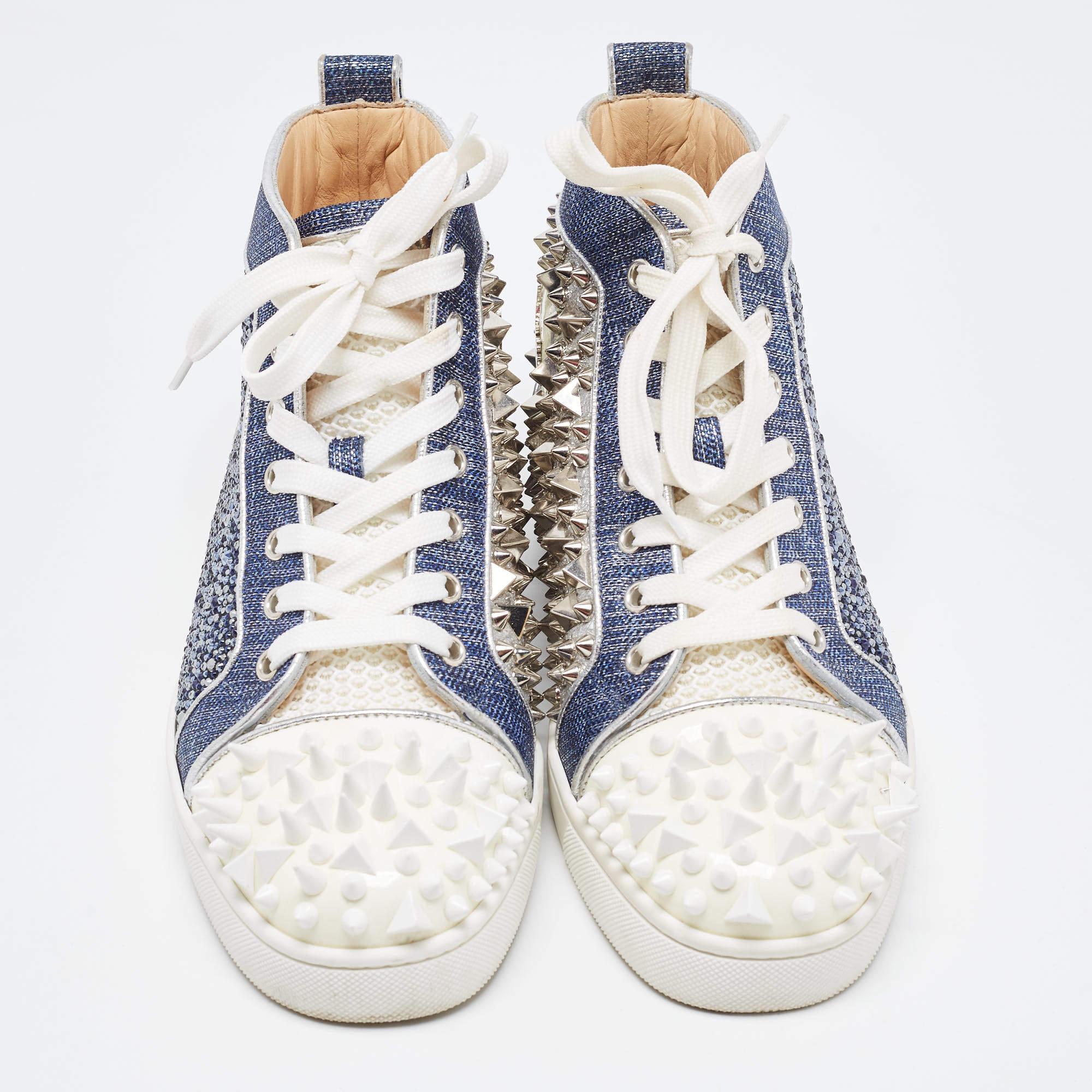 Christian Louboutin Blue/Silver Denim and Patent Lou Degra Spikes Studded Hi Hig In Good Condition For Sale In Dubai, Al Qouz 2