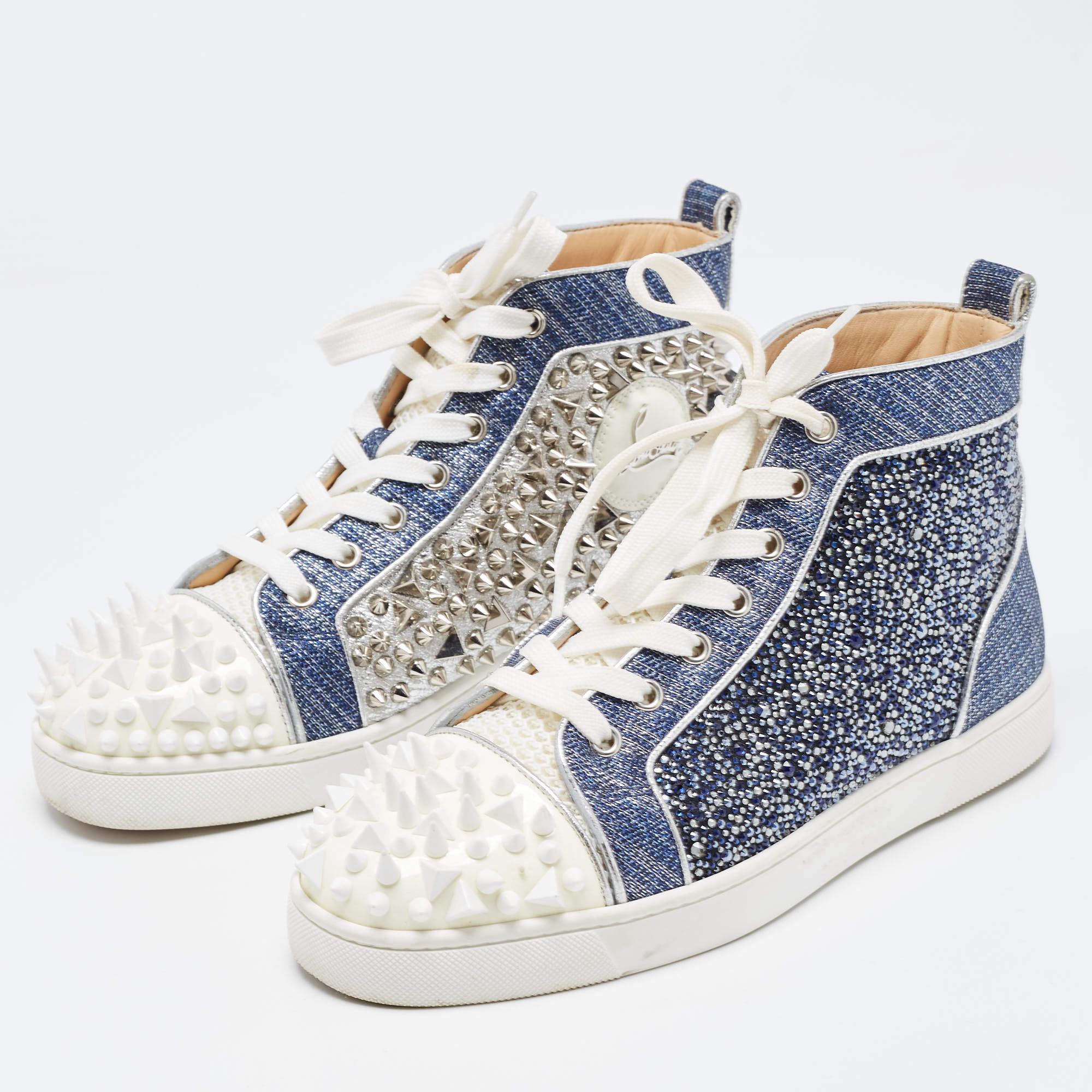 Women's Christian Louboutin Blue/Silver Denim and Patent Lou Degra Spikes Studded Hi Hig For Sale