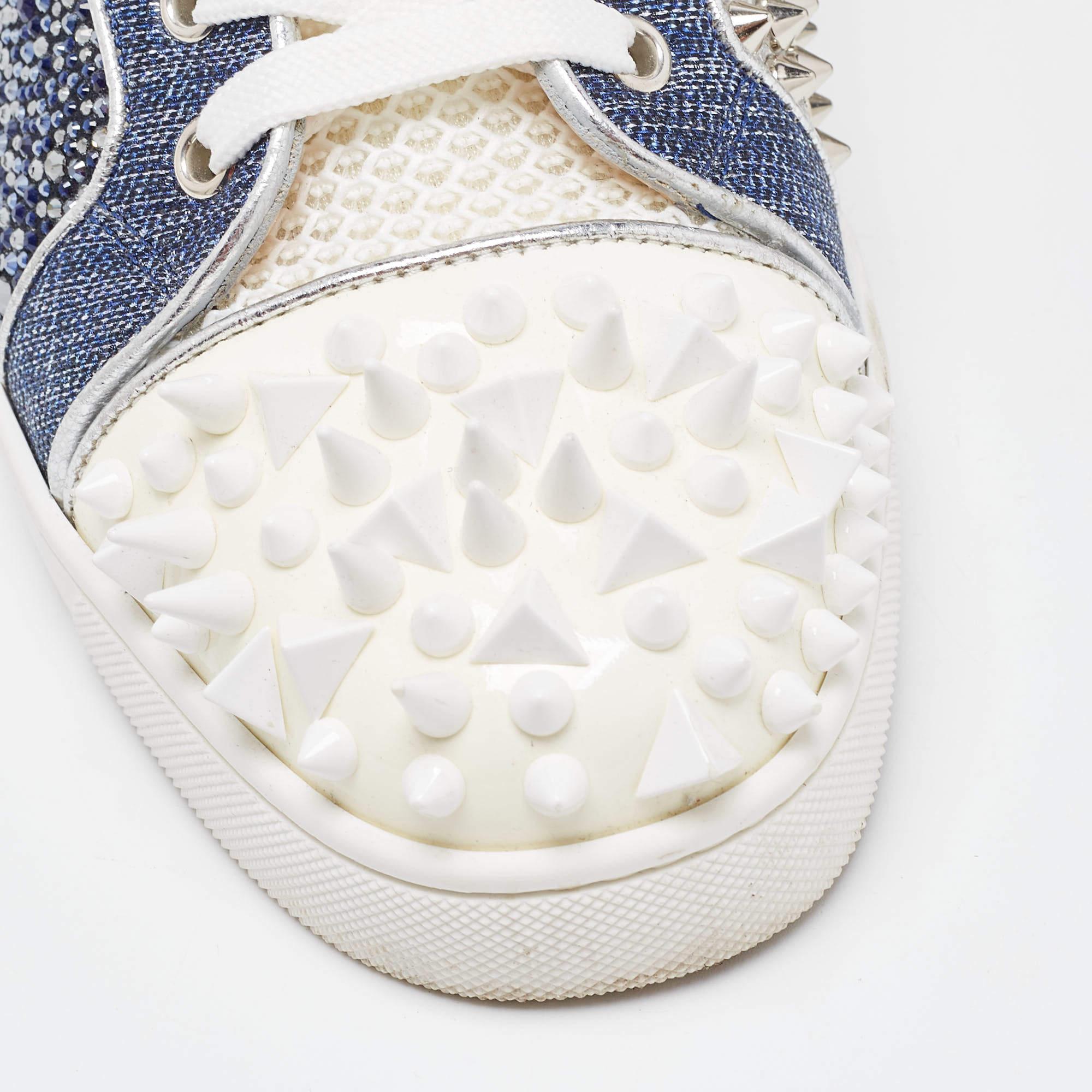 Christian Louboutin Blue/Silver Denim and Patent Lou Degra Spikes Studded Hi Hig For Sale 2