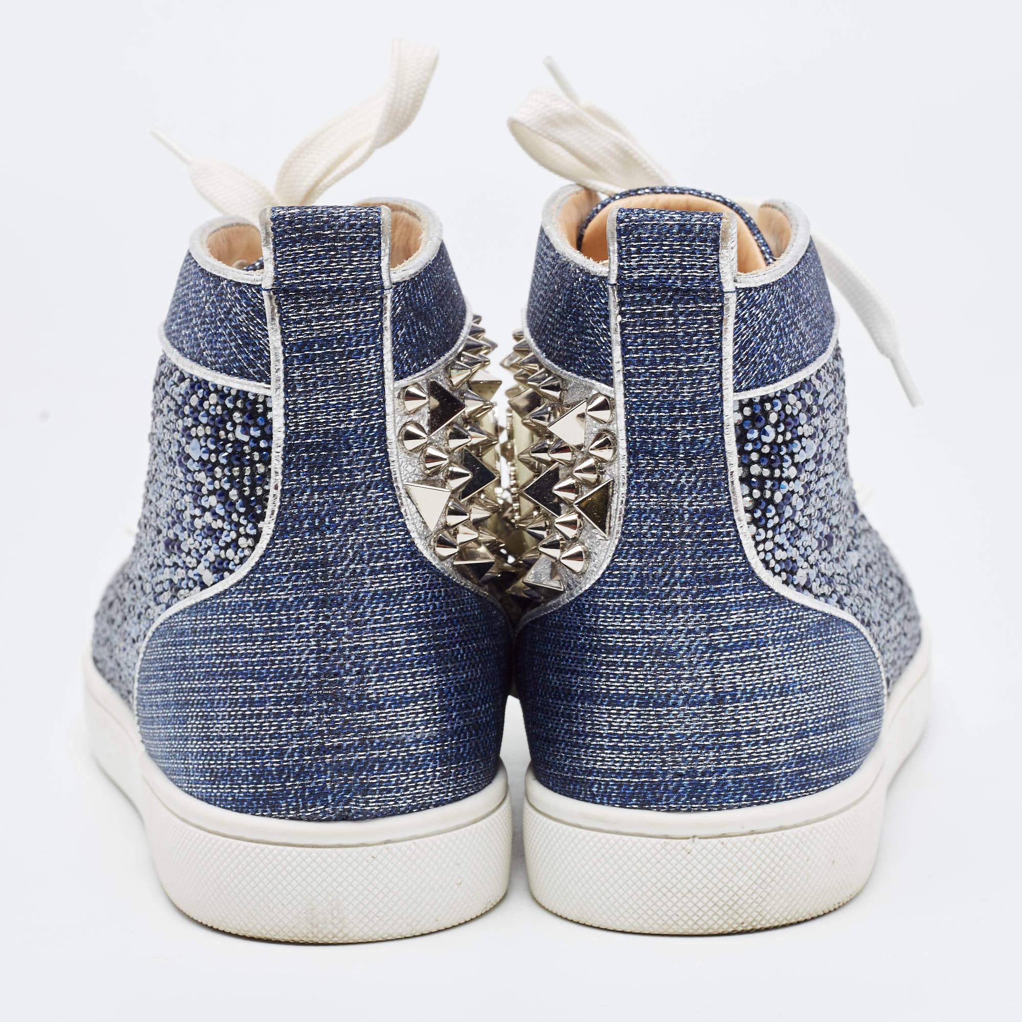 Christian Louboutin Blue/Silver Denim and Patent Lou Degra Spikes Studded Hi Hig For Sale 3