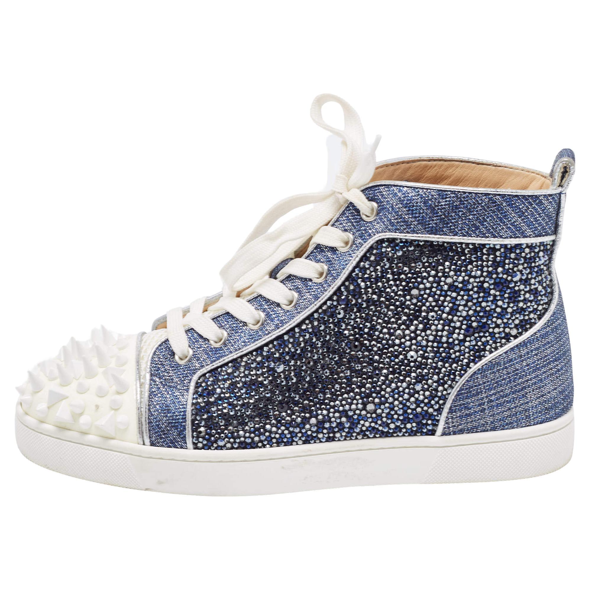 Christian Louboutin Blue/Silver Denim and Patent Lou Degra Spikes Studded Hi Hig For Sale