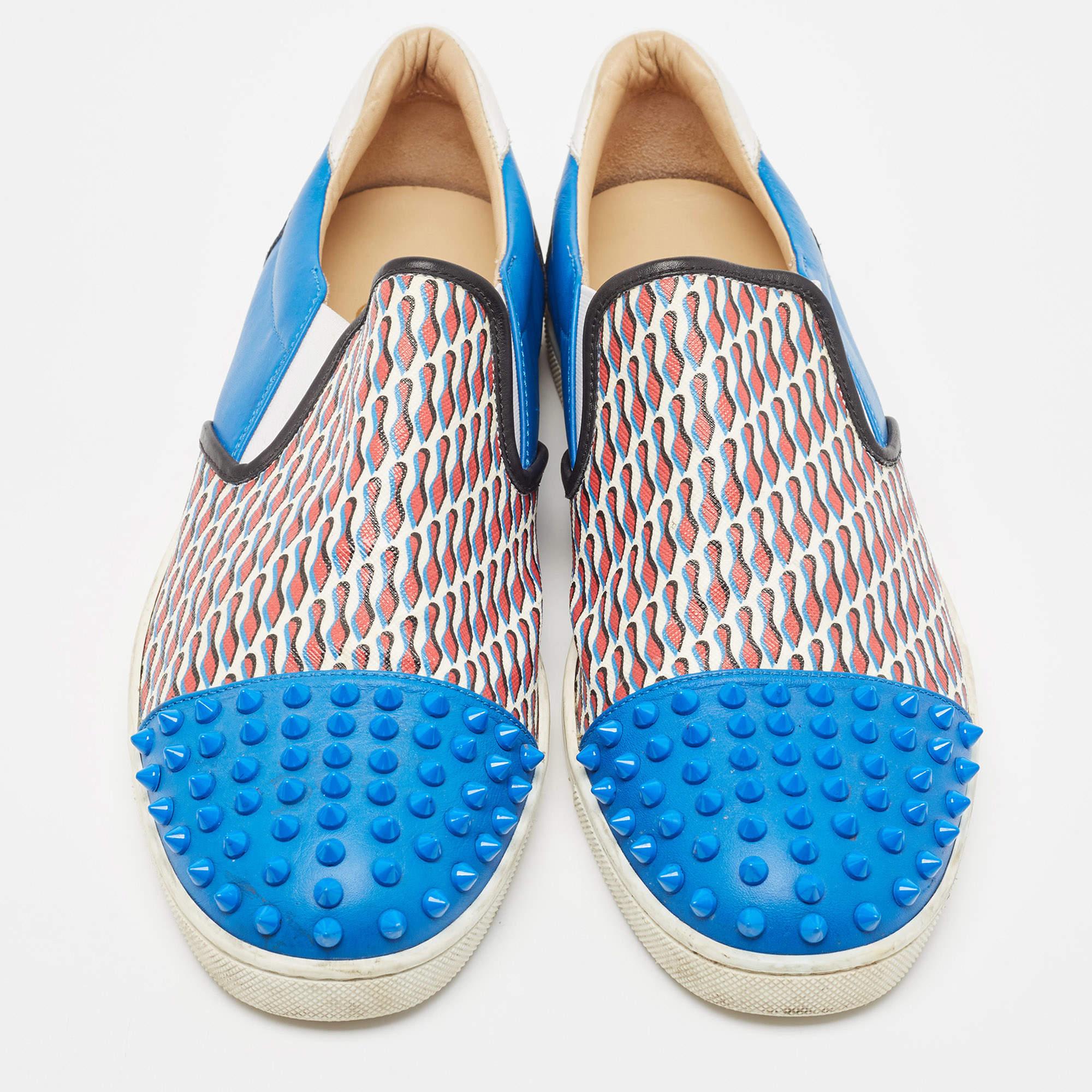 Men's Christian Louboutin Blue Spike Leather and Loubi Print Nazapunta Skate Sneakers  For Sale
