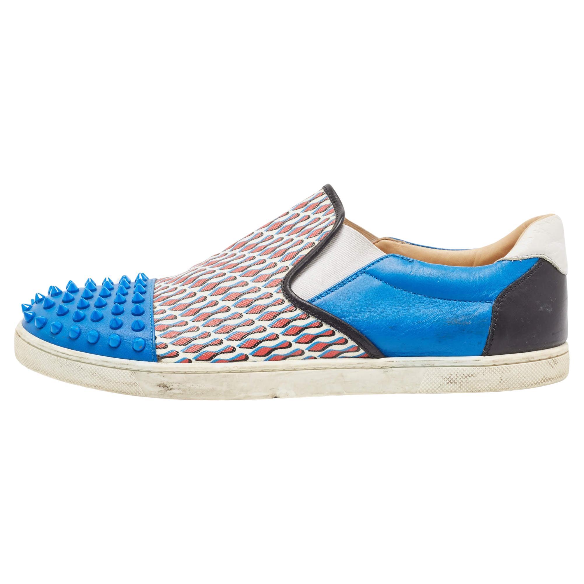 Christian Louboutin Blue Spike Leather and Loubi Print Nazapunta Skate Sneakers  For Sale