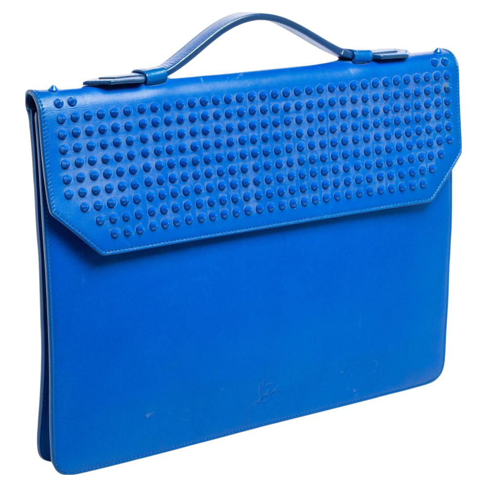 Christian Louboutin Blue Spiked Leather Alexis Document Holder In Good Condition In Dubai, Al Qouz 2