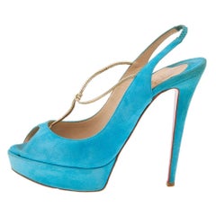 Christian Louboutin Blue Suede Alta Spritney Platform Slingback Sandals Size 40