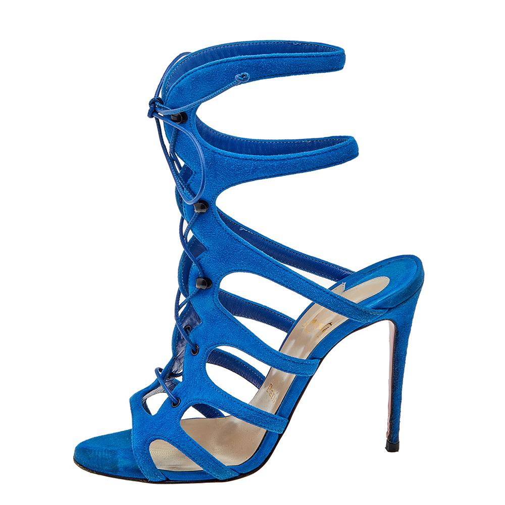 Women's Christian Louboutin Blue Suede Amazoulo Gladiator Sandals Size 36