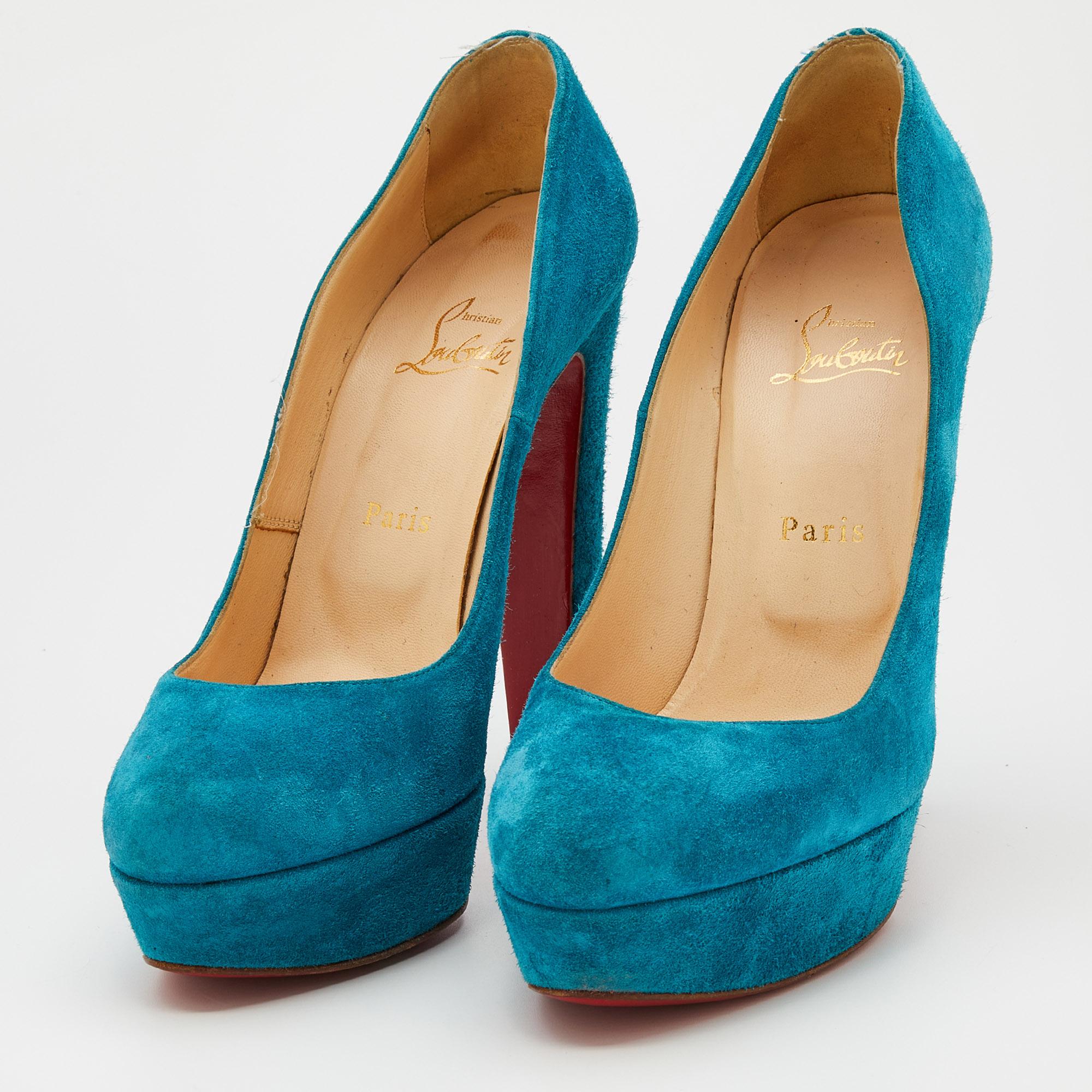 Christian Louboutin Blue Suede Bibi Platform Pumps Size 39 In Good Condition For Sale In Dubai, Al Qouz 2