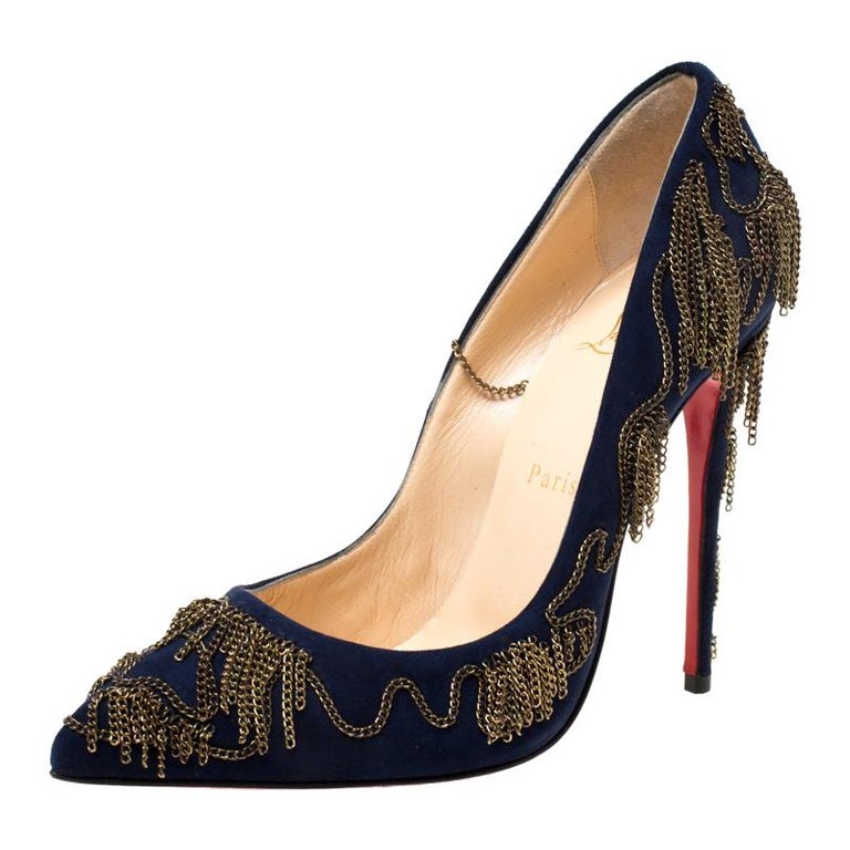 Christian Louboutin Blue Suede Chain Embellished Pointed Toe Pumps Size ...