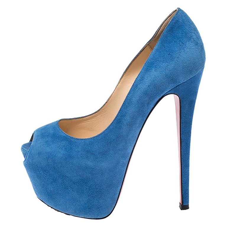 Christian Louboutin Blue Suede Daffodile Peep Toe Platform Pumps Size 35.5  For Sale at 1stDibs | blue peep toe platform heels