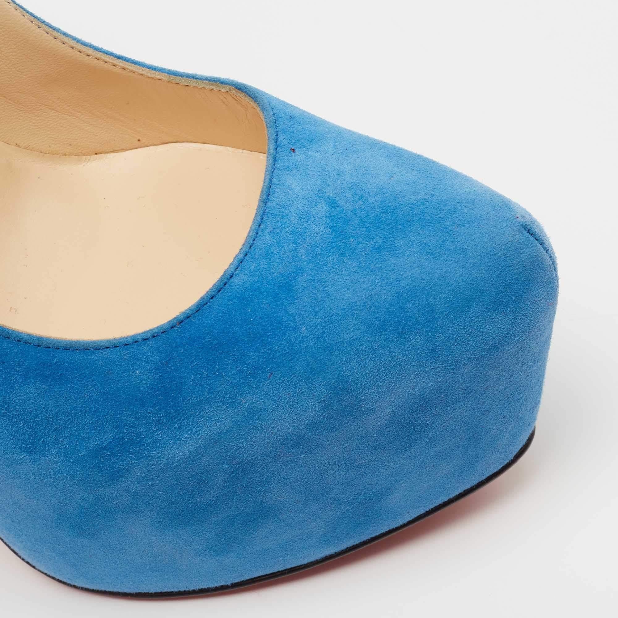 Christian Louboutin Blue Suede Daffodile Platform Pumps Size 39 In New Condition In Dubai, Al Qouz 2