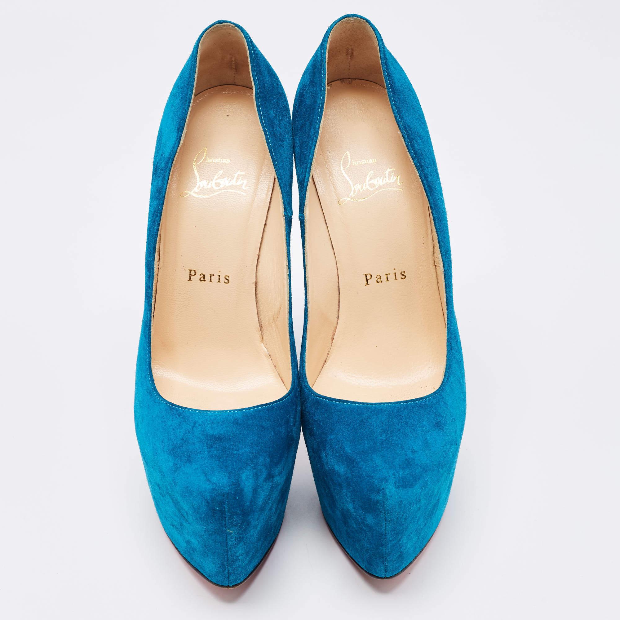 Women's Christian Louboutin Blue Suede Daffodile Pumps Size 37 For Sale