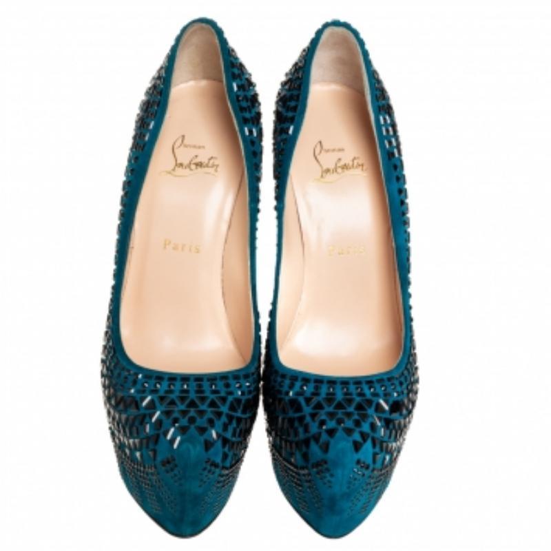 Women's Christian Louboutin Blue Suede Decorapump Embellished Platform  Pumps Size 39 For Sale
