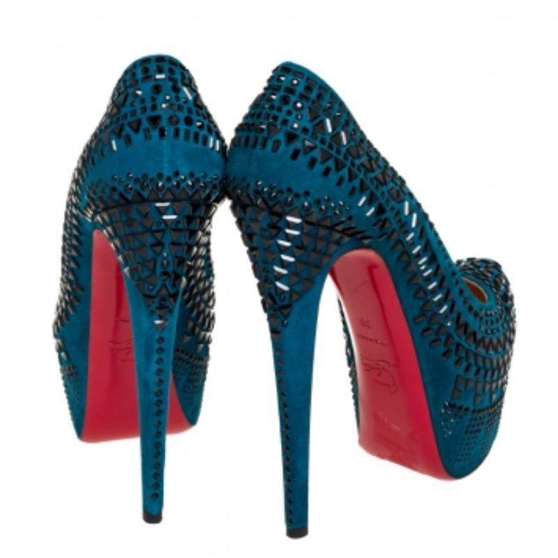 Christian Louboutin Blue Suede Decorapump Embellished Platform  Pumps Size 39 For Sale 1