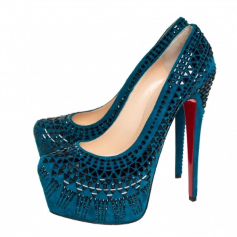 Christian Louboutin Blue Suede Decorapump Embellished Platform  Pumps Size 39 For Sale 4