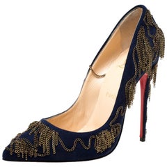 Christian Louboutin Blue Suede Doly Party Chain Embellished Pumps Size 38.5