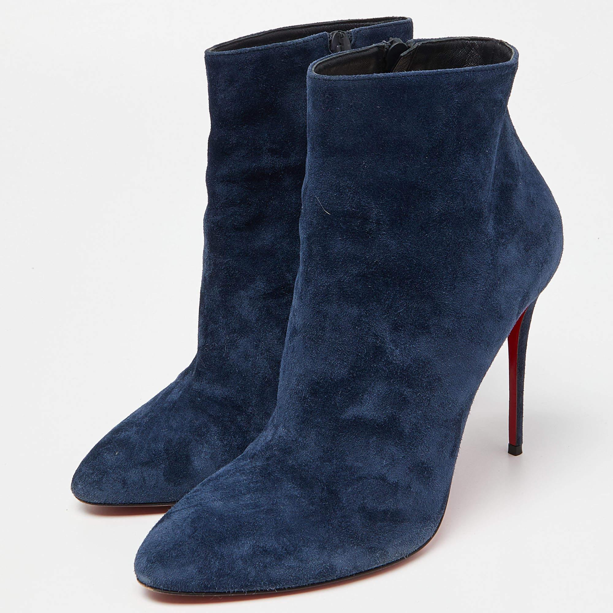 Christian Louboutin Blue Suede Eloise 85 Boots Size 40.5 In Good Condition In Dubai, Al Qouz 2