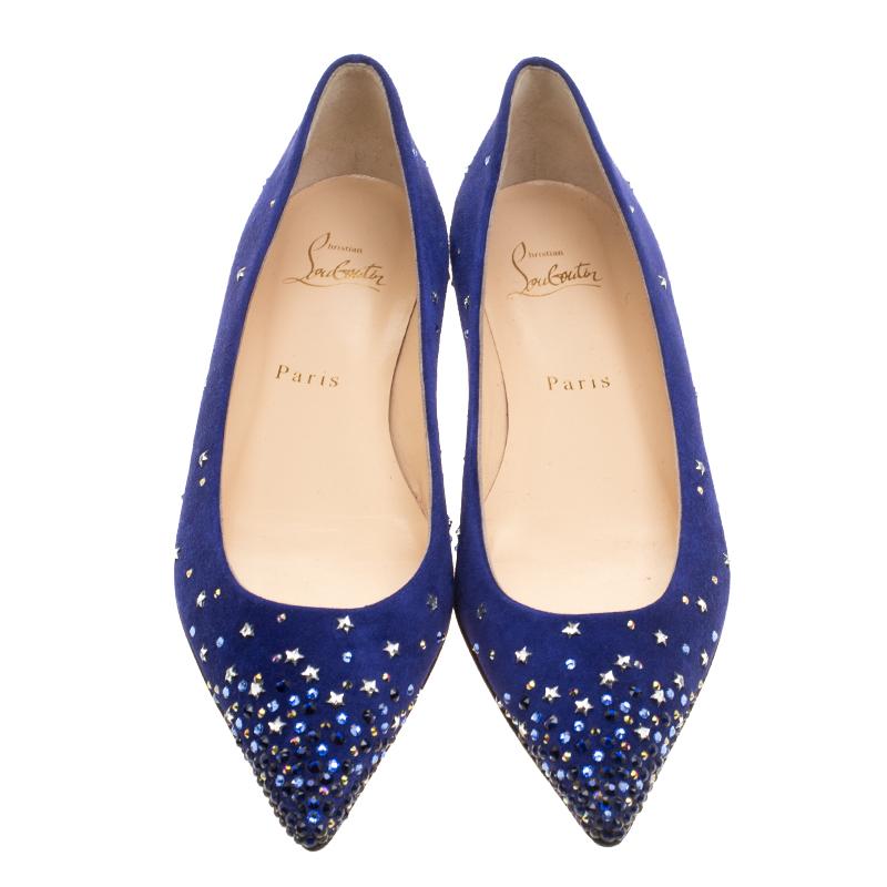 Covered in soft suede, these will be an elegant addition to your wardrobe. Any causal outfit will pair perfectly well with this pair of blue Christian Louboutin flats. They feature pointed toes, little heels and tiny crystal and star