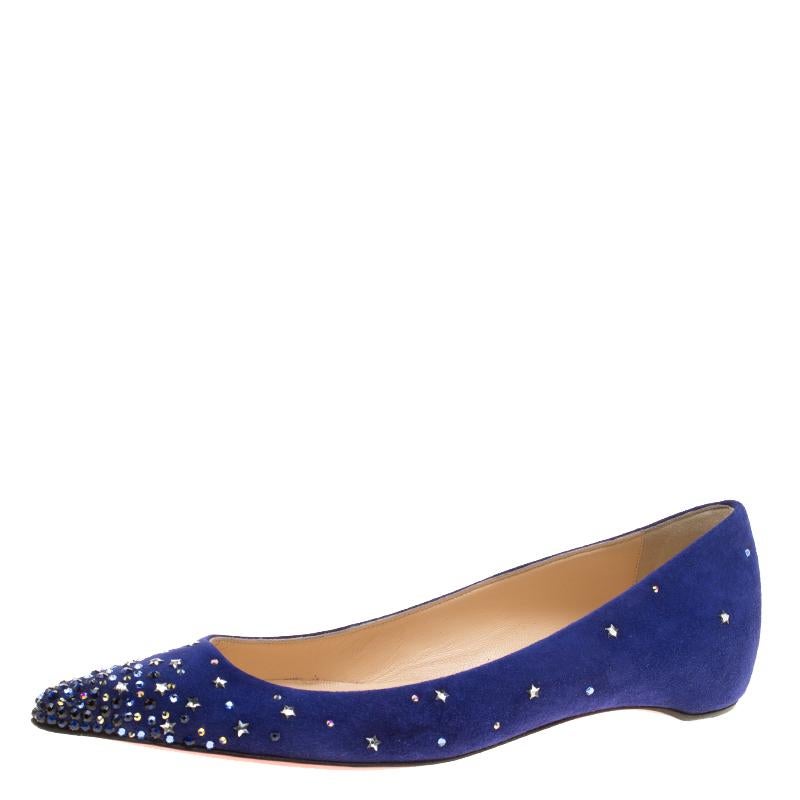 Christian Louboutin Blue Suede Gravitanita Crystal Embellished Pointed Toe Flats