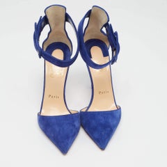 Christian Louboutin Blue Suede Harler Ankle Strap Pumps Size 37.5