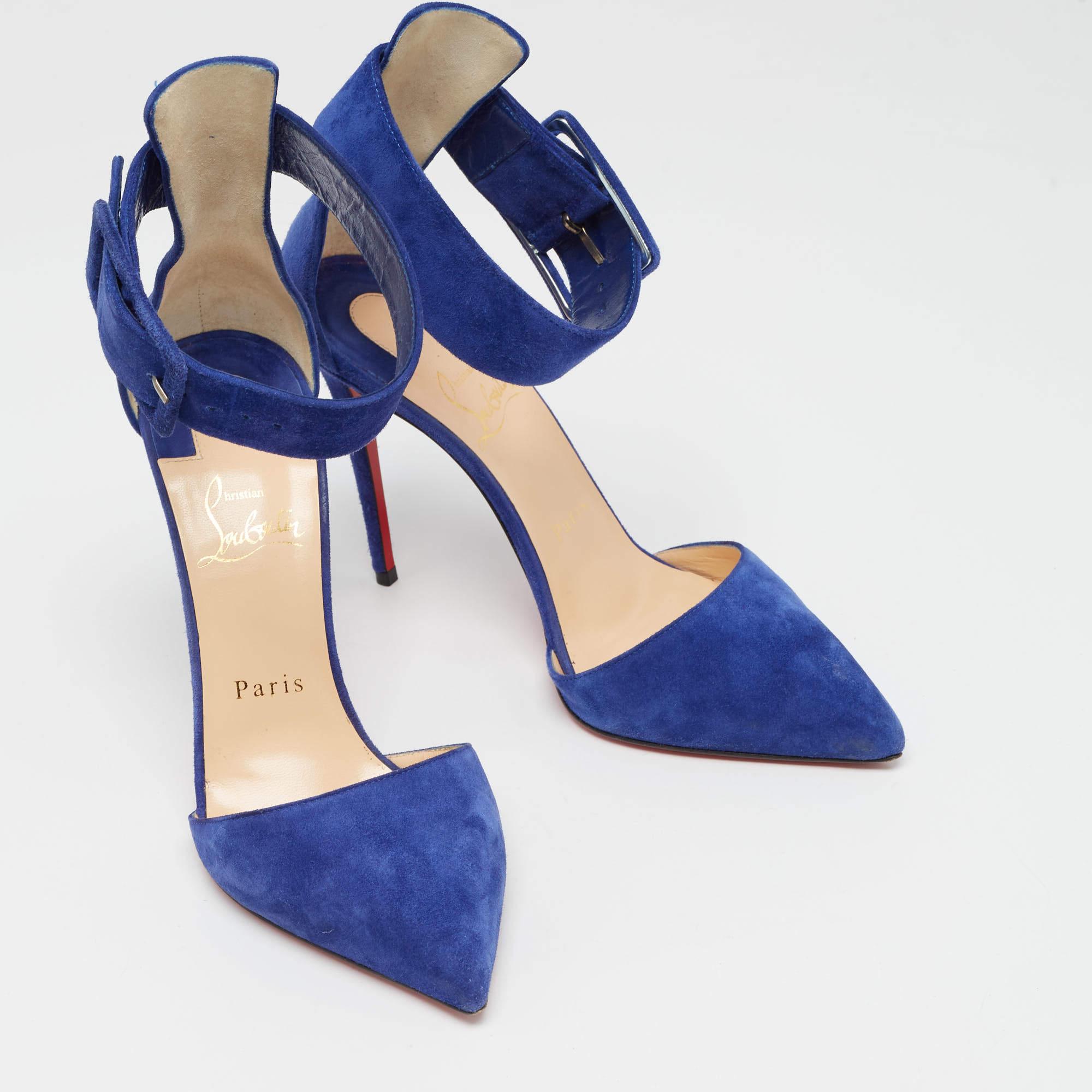 Christian Louboutin Blue Suede Harler Ankle Strap Pumps Size 37.5 In Good Condition For Sale In Dubai, Al Qouz 2