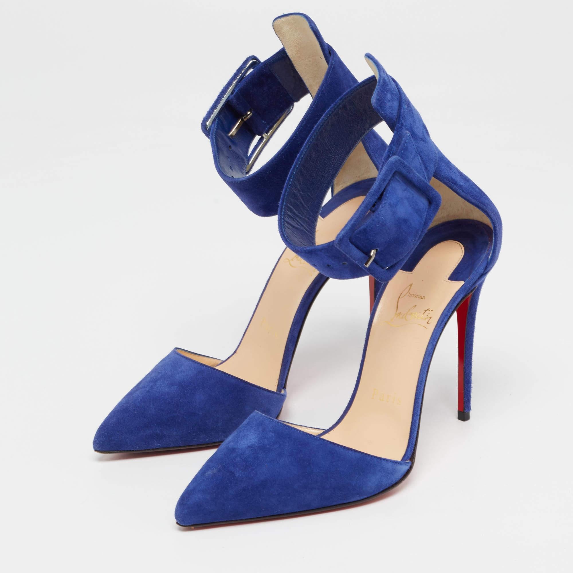 Women's Christian Louboutin Blue Suede Harler Ankle Strap Pumps Size 37.5 For Sale
