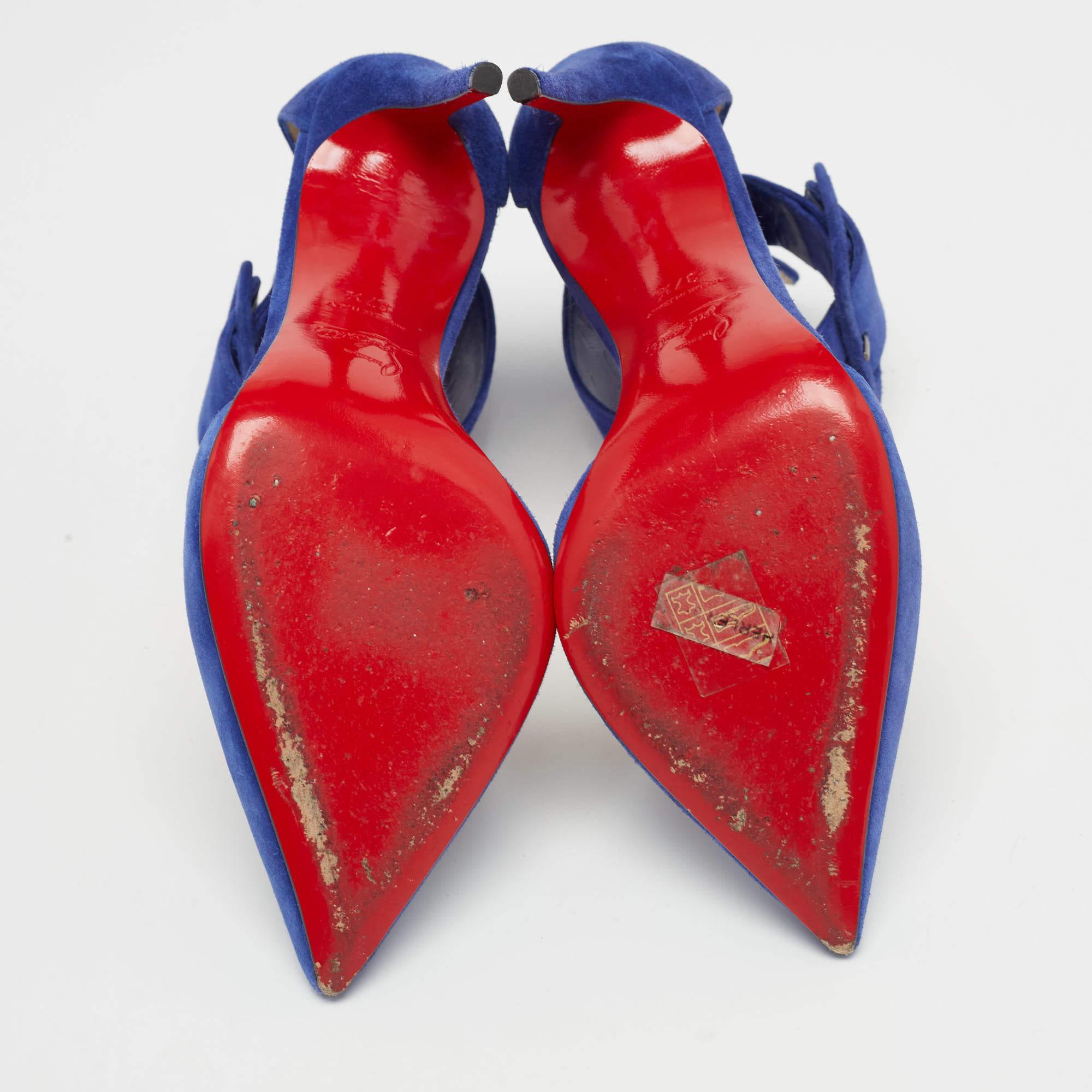 Christian Louboutin Blue Suede Harler Ankle Strap Pumps Size 37.5 For Sale 1