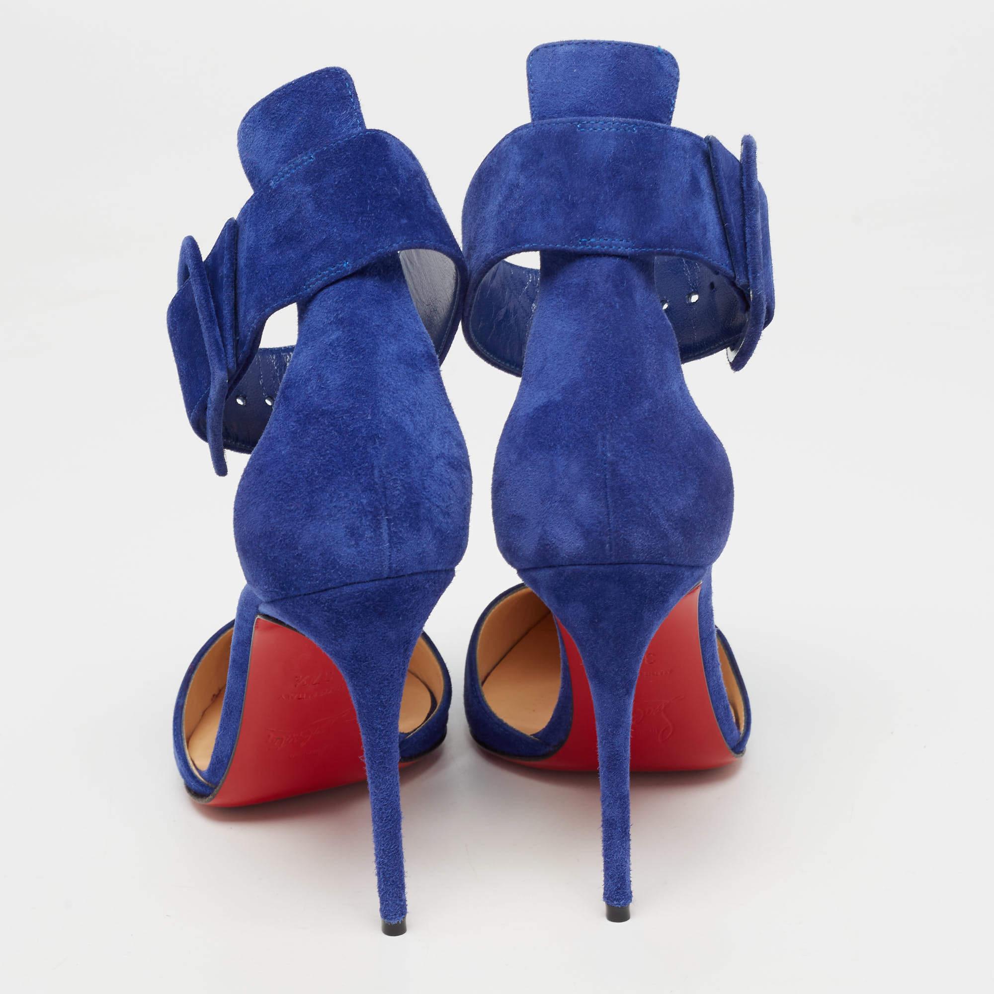 Christian Louboutin Blue Suede Harler Ankle Strap Pumps Size 37.5 For Sale 3
