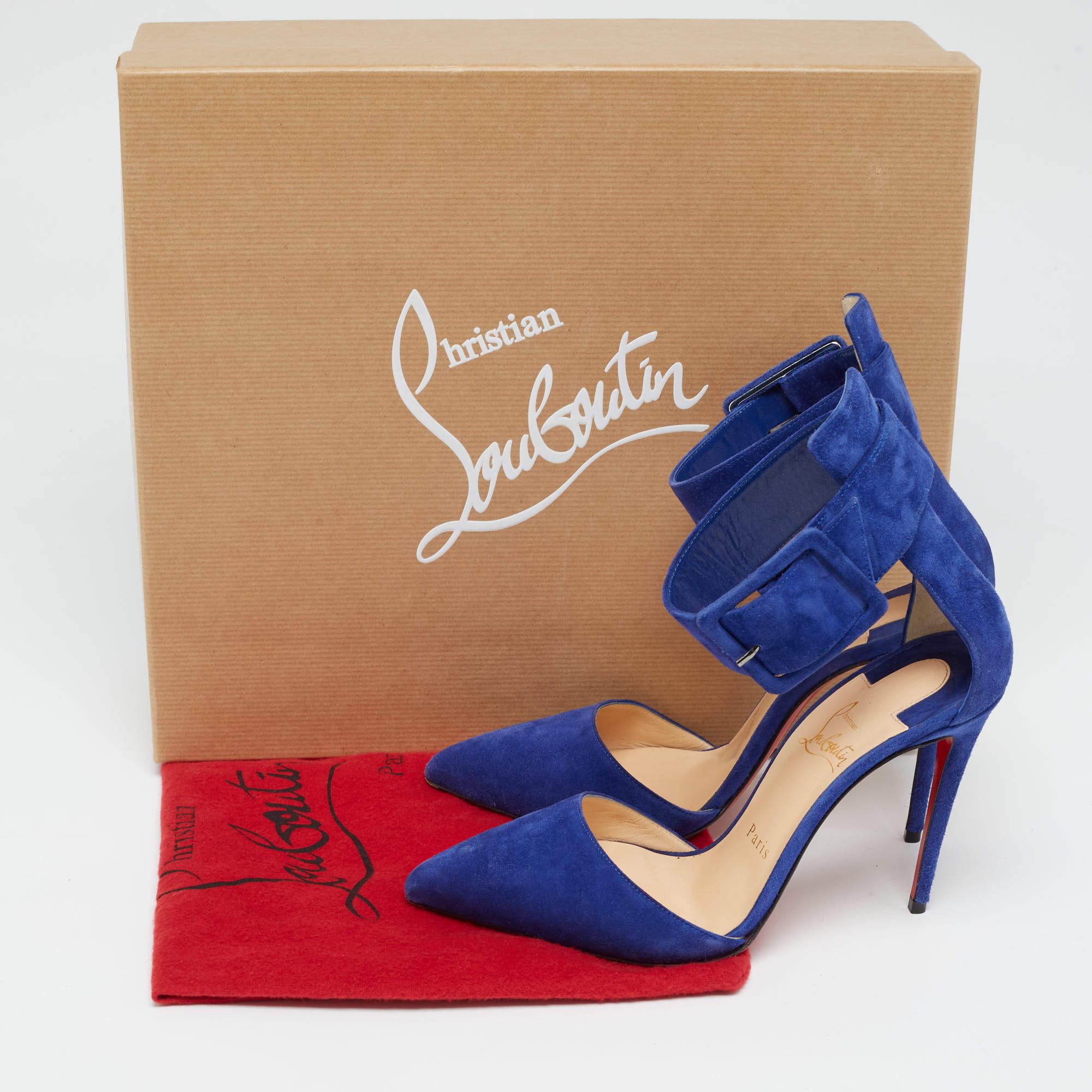Christian Louboutin Blue Suede Harler Ankle Strap Pumps Size 37.5 For Sale 5