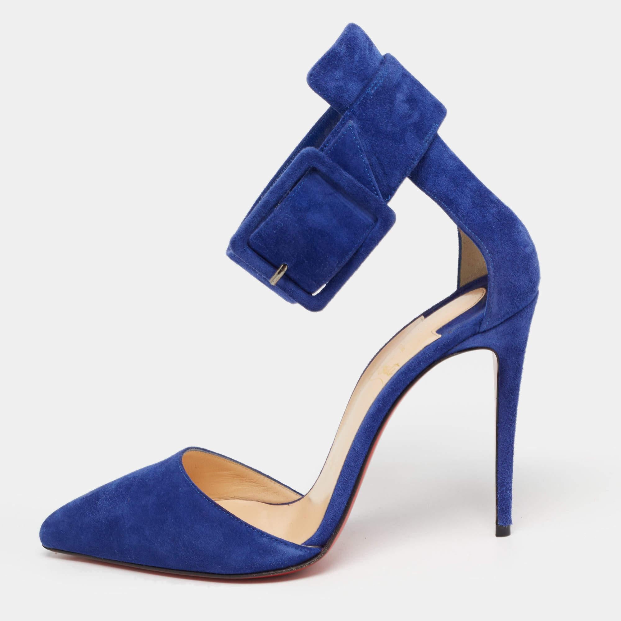 Christian Louboutin Blue Suede Harler Ankle Strap Pumps Size 37.5 For Sale