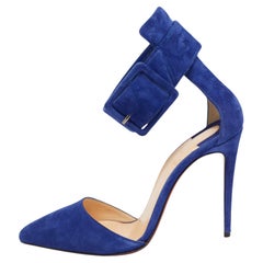 Christian Louboutin Blue Suede Harler Ankle Strap Pumps Size 37.5