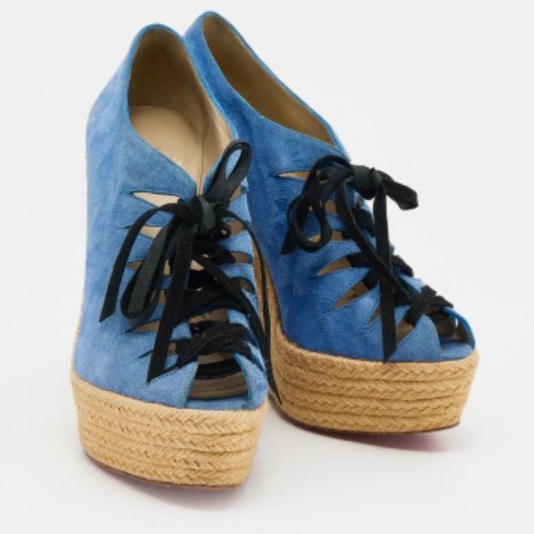 Women's Christian Louboutin Blue Suede Lace Up Espadrille Platform Wedge Sandals Size 37 For Sale