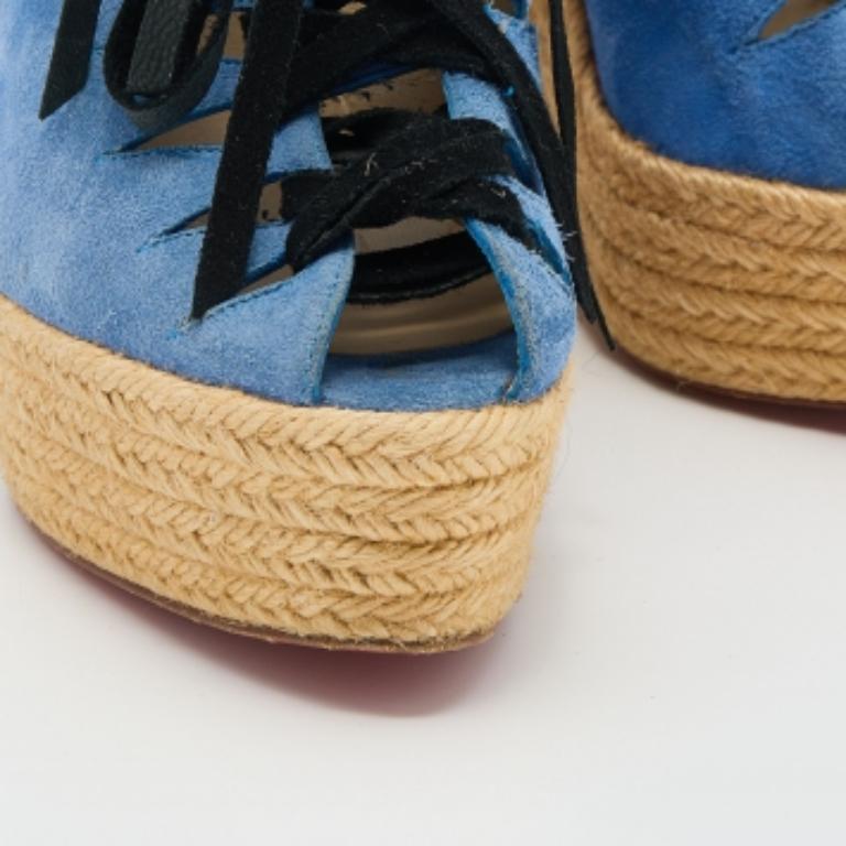 Christian Louboutin Blue Suede Lace Up Espadrille Platform Wedge Sandals Size 37 For Sale 1