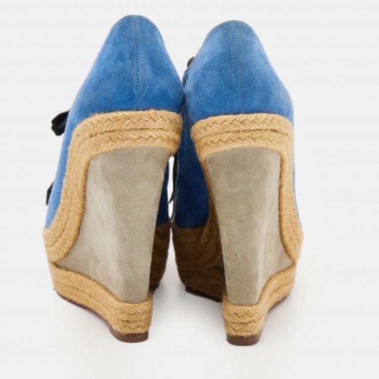 Christian Louboutin Blue Suede Lace Up Espadrille Platform Wedge Sandals Size 37 For Sale 2