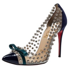 Christian Louboutin Blue Suede Leather And PVC Bille Studded Bow Pumps Size 36.5